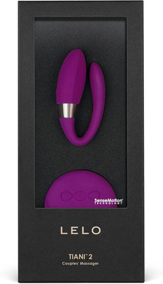 Purple LELO Tiani 2 couples massager with wireless remote in black presentation box.