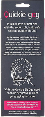 Packaging for Quickie Bit Gag featuring product benefits and a line drawing of a person wearing the silicone bit gag.