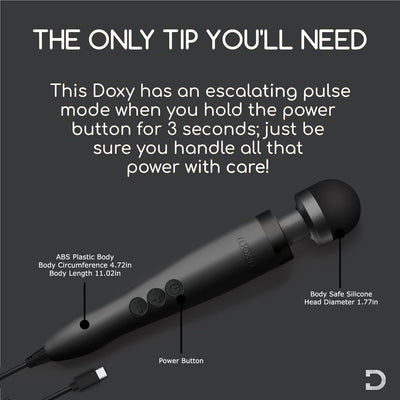 Black Doxy USB-C Wand massager with labeled buttons and dimensions on a dark background.