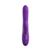 Purple silicone vibrator with ribbed shaft, clitoral stimulator, and three control buttons on the handle.