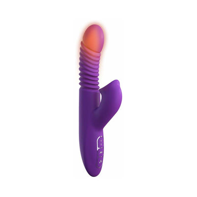 Purple silicone vibrator with textured shaft, clitoral stimulator, and control buttons, featuring a warming tip.