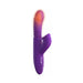 Purple silicone vibrator with textured shaft, clitoral stimulator, and control buttons, featuring a warming tip.