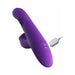Purple silicone vibrator with textured thrusting shaft and clitoral stimulator, shown with magnetic USB charging cable.