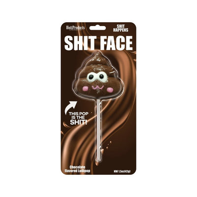 Chocolate flavored lollipop shaped like a smiling poop emoji with pink cheeks on a brown swirl background package.