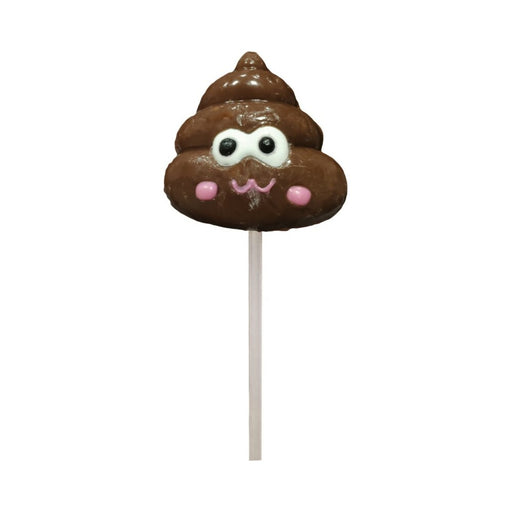 Chocolate lollipop shaped like a smiling poop emoji with pink cheeks on a white stick against a white background.