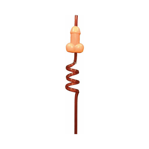 Curly red swizzle straw with a playful peach-colored candy topper.