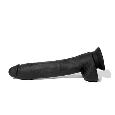 Black 10-inch realistic silicone dildo with suction cup base, detailed texture and life-like design.