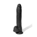 Black 10-inch realistic silicone dildo with suction cup base standing upright on white background.