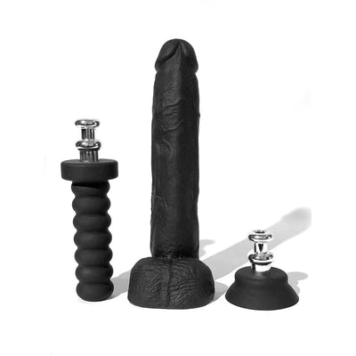 Black 10-inch realistic silicone dildo with two interchangeable bases for versatile use and hands-free options.