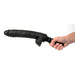 Hand holding a black 10-inch realistic silicone dildo with textured grip handle on white background.
