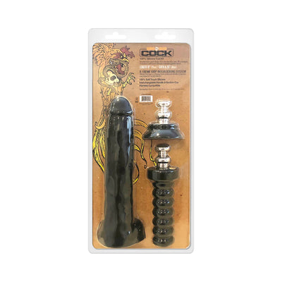 Boneyard Cock 10in black silicone toy with interchangeable handle and suction cup base in retail packaging.