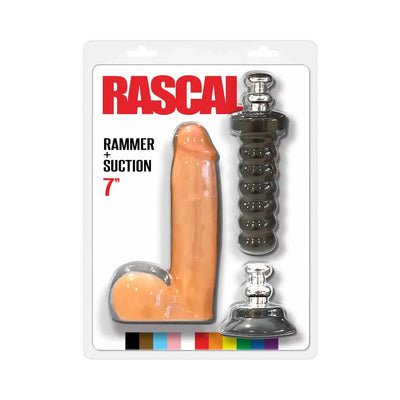 Rascal brand 7-inch realistic silicone dildo with interchangeable suction and textured bases in clear packaging.