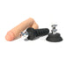 Realistic silicone dildo with interchangeable black silicone bases featuring silver connectors on a white background.