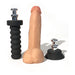 Realistic silicone dildo with two interchangeable black bases featuring metal connectors for versatile use.