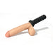 Realistic silicone dildo with textured black handle and lifelike design in natural skin tone on white background.