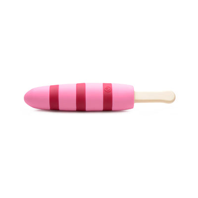 Pink and red striped silicone vibrator shaped like a popsicle with a cream-colored stick handle.