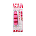 Cocksicle 10x silicone rechargeable vibrator in pink with red stripes, packaged in a clear display box with product details.