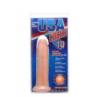 Realistic 10-inch flesh-toned dildo with suction base in patriotic USA Cocks packaging.
