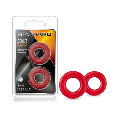 Red Stay Hard Donut Rings pack of two, shown in packaging and separately, designed for comfort and durability.