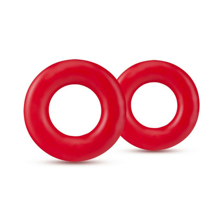 Two red stretchy donut-shaped rings designed for enhanced performance and comfort, shown on a white background.