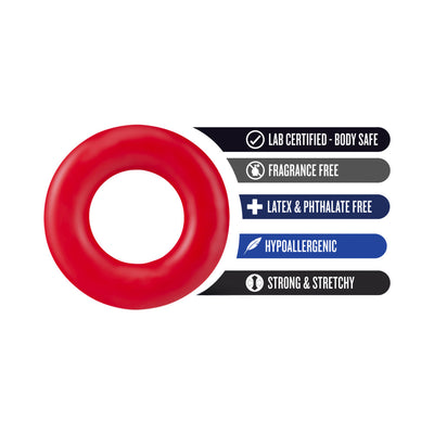 Red stretchy donut ring with labels highlighting lab certified, fragrance free, latex & phthalate free, hypoallergenic, and strong & stretchy features.