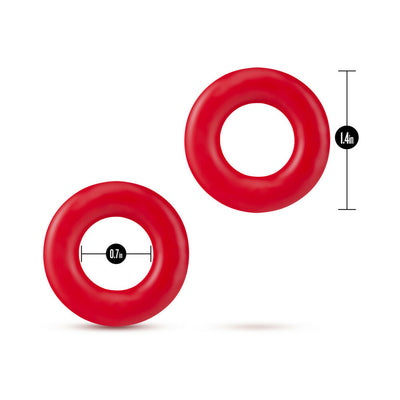 Two red stretchy donut rings with dimensions 0.7 inch inner diameter and 1.4 inch outer diameter shown on white background.