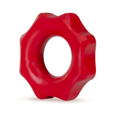 Red soft elastomer cock ring with a textured, wavy design for enhanced comfort and durability.