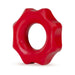 Red soft elastomer cock ring with a textured, wavy design for enhanced comfort and durability.