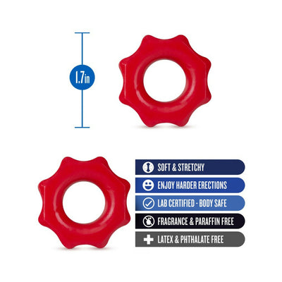 Red Stay Hard Nutz cock ring with 1.7-inch diameter, soft, stretchy, body-safe, fragrance and latex free features highlighted.