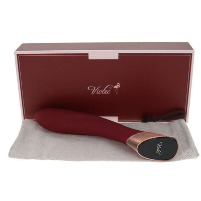 Wine red curved vibrator with rose gold accents, displayed with matching box and soft storage pouch.