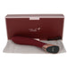 Wine red curved vibrator with rose gold accents, displayed with matching box and soft storage pouch.