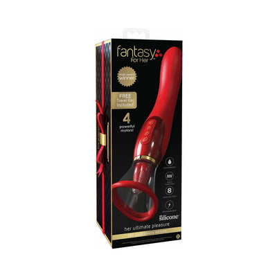 Red luxury silicone personal massager with 24K gold accents in black and gold packaging with travel bag included.