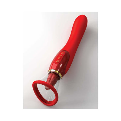 Red luxury pleasure device with oval cone, textured motorized tip, gold accent, and control buttons on handle.