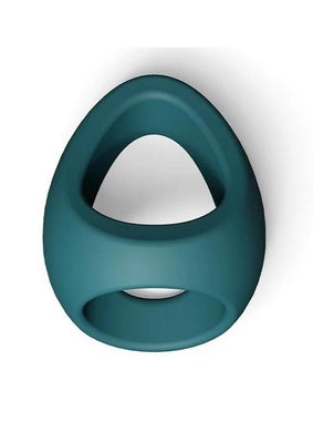 Petrol blue double cockring made of smooth, flexible liquid silicone with an ergonomic triangular design.