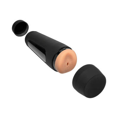 Vanilla-colored ULTRASKYN stroker with black ergonomic case and removable caps shown on white background.