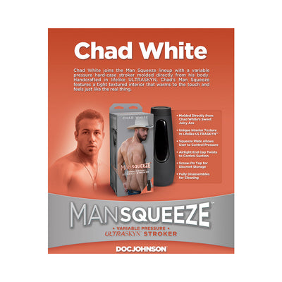 Packaging of Man Squeeze Chad White Ultraskyn stroker with product image and key features on an orange background.