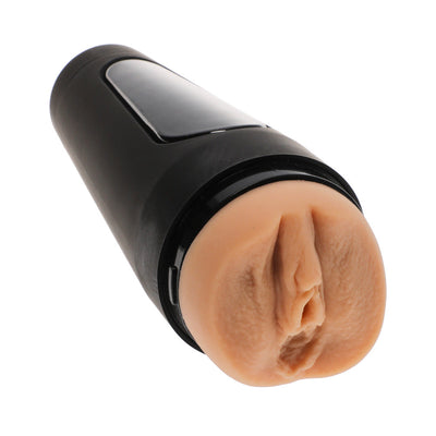 Vanilla-colored Ultraskyn stroker with black ergonomic case, designed for handheld use and easy cleaning.