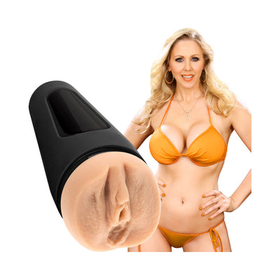 Vanilla-colored Ultraskyn stroker modeled after Julia Ann with image of woman in orange bikini.