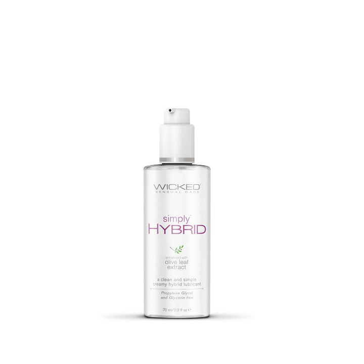 Wicked Simply Hybrid lubricant bottle with white pump and purple text highlighting olive leaf extract and glycerin-free formula.