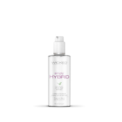 Wicked Simply Hybrid lubricant bottle with white pump and purple text highlighting olive leaf extract and glycerin-free formula.