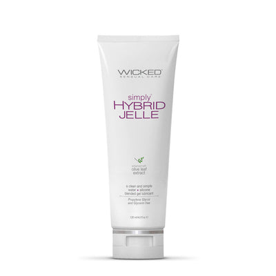 Wicked Simply Hybrid Jelle 4oz tube with olive leaf extract, water and silicone blended gel lubricant packaging.