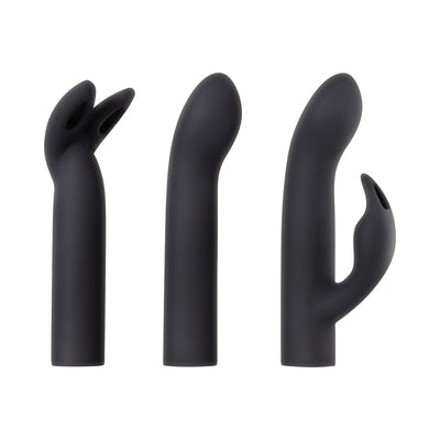 Set of three black silicone interchangeable sleeves for Evolved Four Play Kit with varied shapes for targeted stimulation.