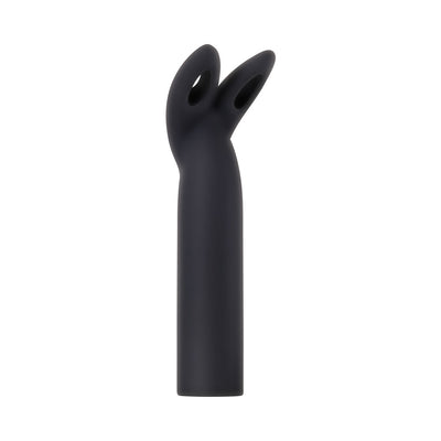 Black silicone dual-prong sleeve attachment for Evolved Four Play Kit with soft, flexible bunny ear design.
