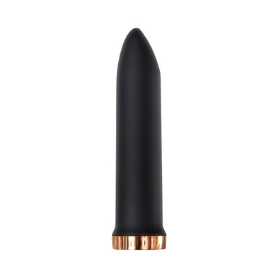 Sleek black bullet vibrator with rose gold base, smooth tapered design for versatile pleasure.