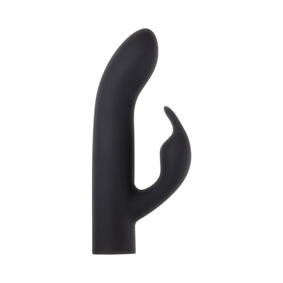 Black silicone dual-stimulation sleeve with curved G-spot and clitoral arms for versatile pleasure.