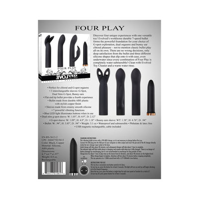 Evolved Four Play Kit packaging showing black bullet vibrator with three interchangeable silicone sleeves in rose gold accents.