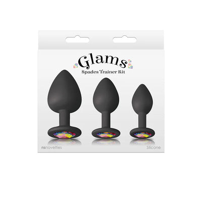 Set of three black silicone spade-shaped trainers with jeweled bases in small, medium, and large sizes in white packaging.