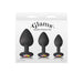 Set of three black silicone spade-shaped trainers with jeweled bases in small, medium, and large sizes in white packaging.