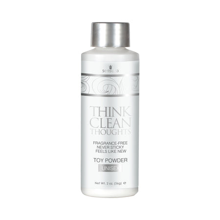 Bottle of Sensuva Think Clean Thoughts fragrance-free toy powder, 2 oz, with silver cap and white label.
