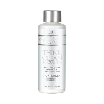 Bottle of Sensuva Think Clean Thoughts fragrance-free unisex toy powder 2 oz with silver cap and white label.